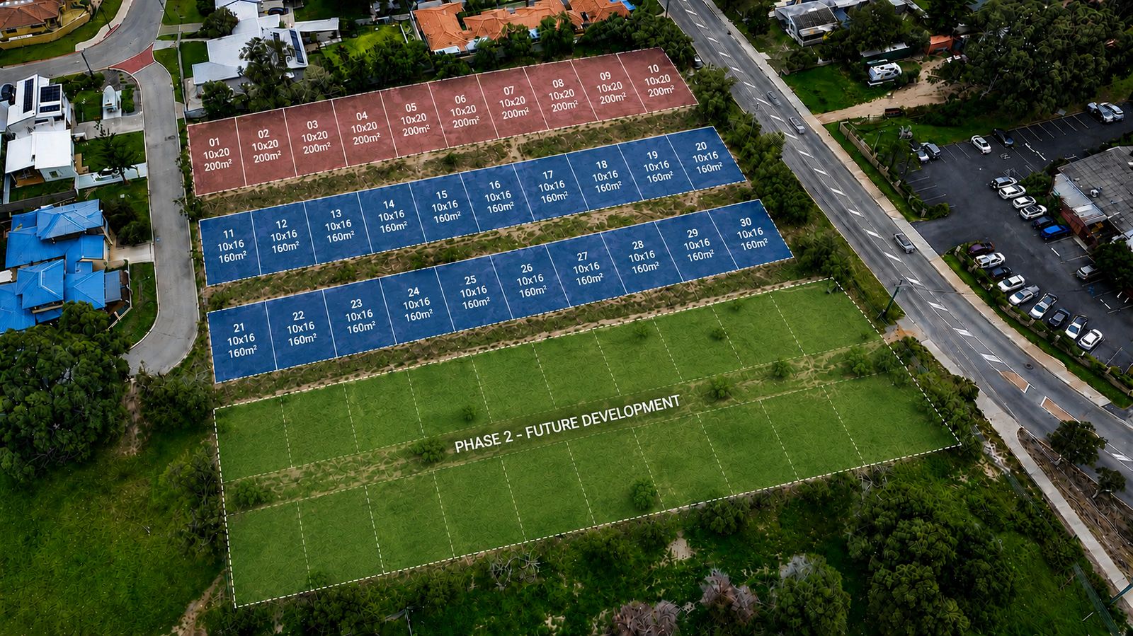 Aerial site plan showing 30 residential lots across two stages